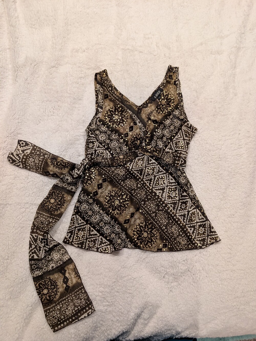 A. Byer Black and Cream Printed Wrap Camisole